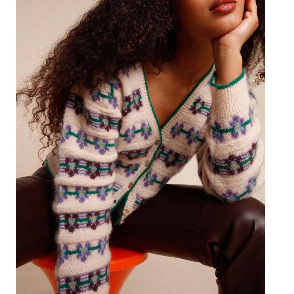 ROUJE Cream Blue Green Purple Floral Jacquard Mohair Wool Leora Cardigan Sweater